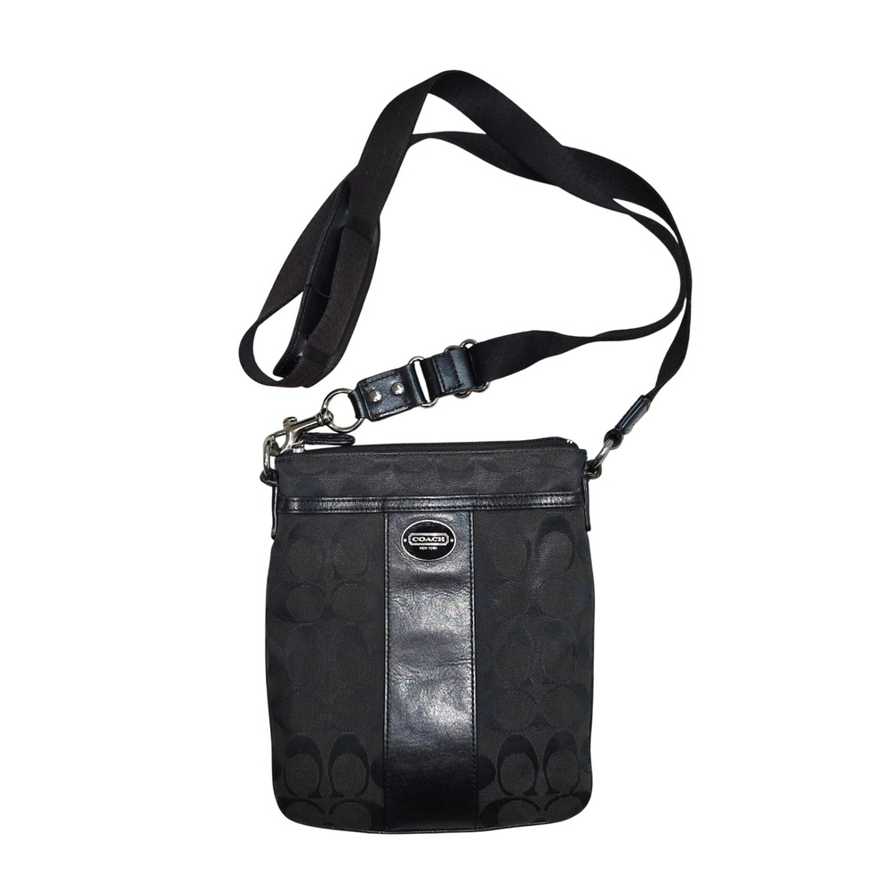 Coach Signature C Black Jacquard Leather Trim Crossbody Bag Messenger